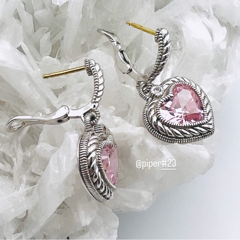 EUC Judith Ripka JR TWO Pink Crystal & White Sapphire Heart Drop Earrings - Picture 10 of 12